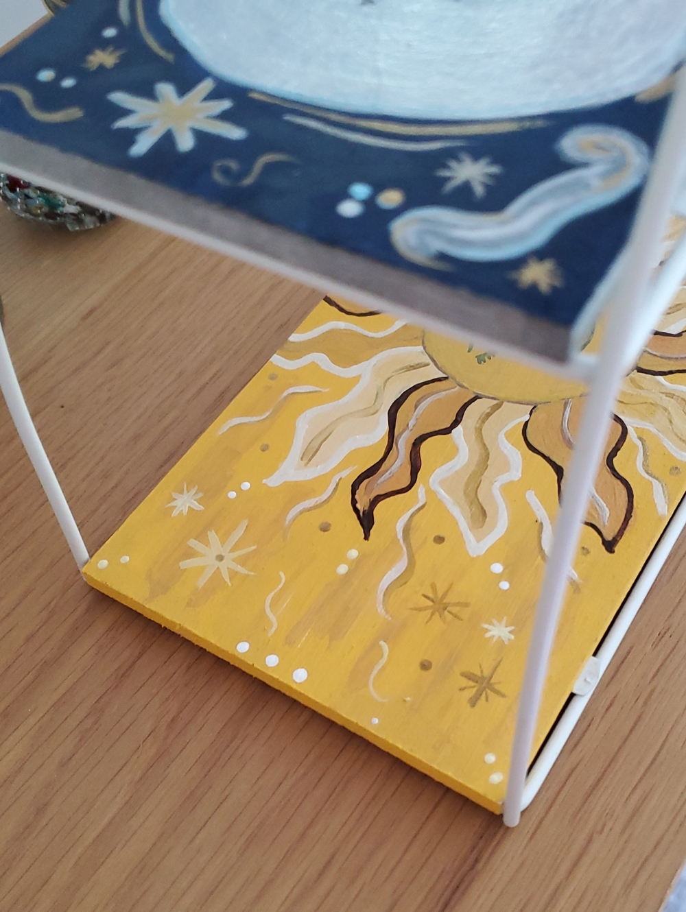 Hand Painted Sun & Moon Painted Two-Tier Wooden Home Accent Organizer Shelf - Picture 10 of 11